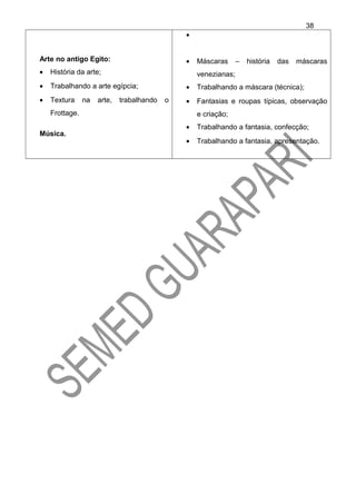 Arte no antigo Egito:
• História da arte;
• Trabalhando a arte egípcia;
• Textura na arte, trabalhando o
Frottage.
Música.
•
• Máscaras – história das máscaras
venezianas;
• Trabalhando a máscara (técnica);
• Fantasias e roupas típicas, observação
e criação;
• Trabalhando a fantasia, confecção;
• Trabalhando a fantasia, apresentação.
38
 