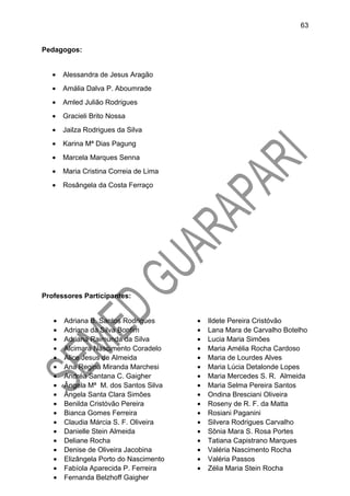 Pedagogos:
• Alessandra de Jesus Aragão
• Amália Dalva P. Aboumrade
• Amled Julião Rodrigues
• Gracieli Brito Nossa
• Jailza Rodrigues da Silva
• Karina Mª Dias Pagung
• Marcela Marques Senna
• Maria Cristina Correia de Lima
• Rosângela da Costa Ferraço
Professores Participantes:
• Adriana B. Santos Rodrigues
• Adriana da Silva Bonfim
• Adriana Raimunda da Silva
• Alcimara Nascimento Coradelo
• Alice Jesus de Almeida
• Ana Regina Miranda Marchesi
• Andréa Santana C. Gaigher
• Ângela Mª M. dos Santos Silva
• Ângela Santa Clara Simões
• Benilda Cristóvão Pereira
• Bianca Gomes Ferreira
• Claudia Márcia S. F. Oliveira
• Danielle Stein Almeida
• Deliane Rocha
• Denise de Oliveira Jacobina
• Elizângela Porto do Nascimento
• Fabíola Aparecida P. Ferreira
• Fernanda Belzhoff Gaigher
• Ildete Pereira Cristóvão
• Lana Mara de Carvalho Botelho
• Lucia Maria Simões
• Maria Amélia Rocha Cardoso
• Maria de Lourdes Alves
• Maria Lúcia Detalonde Lopes
• Maria Mercedes S. R. Almeida
• Maria Selma Pereira Santos
• Ondina Bresciani Oliveira
• Roseny de R. F. da Matta
• Rosiani Paganini
• Silvera Rodrigues Carvalho
• Sônia Mara S. Rosa Portes
• Tatiana Capistrano Marques
• Valéria Nascimento Rocha
• Valéria Passos
• Zélia Maria Stein Rocha
63
 