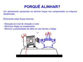 Um alinhamento apropriado irá eliminar forças nos componentes na máquina
desalinhada.
Eliminando estas forças teremos:
· Redução do nível de vibração e ruído
· Minimizar folgas no acoplamento
· Eliminar a possibilidade de falha no veio devido a fadiga
PORQUÊ ALINHAR?
 
