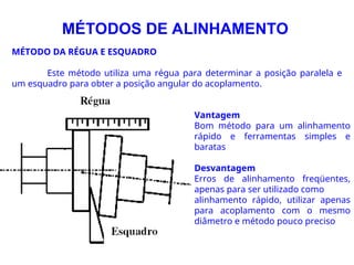 MÉTODOS DE ALINHAMENTO
MÉTODO DA RÉGUA E ESQUADRO
Este método utiliza uma régua para determinar a posição paralela e
um esquadro para obter a posição angular do acoplamento.
Vantagem
Bom método para um alinhamento
rápido e ferramentas simples e
baratas
Desvantagem
Erros de alinhamento freqüentes,
apenas para ser utilizado como
alinhamento rápido, utilizar apenas
para acoplamento com o mesmo
diâmetro e método pouco preciso
 