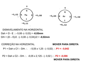 DISNIVELAMENTO NA HORIZONTAL
Dah = D - E - 0,08 -(- 0,03) = -0,05mm
Drh = (D – E)/2 
(- 0,08 -(- 0,04))/2 = -0,02mm
P1 = Dah x C1 – Drh  - 0,05 x 1,25 - (- 0,02)  P1 = - 0,042
P2 = Dah x C2 – Drh  -0,05 x 2,125 - (- 0,02 )  P2 = -0,086
CORREÇÃO NA HORIZONTAL
MOVER PARA DIREITA
MOVER PARA DIREITA
 