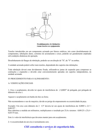 Tensões introduzidas em um componente acionado por fatores estáticos, tais como desalinhamento de
componentes, tubulações dutos, correntes de acionamento e eixos, poderão ser grandemente ampliadas
sob condições dinâmicas de operação.

Desalinhamento de flanges de tubulação, poderão ser em direção de "X", de "Y" ou ambas.

A unidade acionada poderá sofrer mais tensões, dependendo dos suportes das tubulações.

Toda tubulação deverá estar devidamente fixada, utilizando-se juntas de expansão para compensar as
contrações e expansões e deverão estar convenientemente apoiadas em suportes independentes, na
unidade acionada.

IV-PROCEDIMENTO PARA O ALINHAMENTO :

A- VERIFICAÇÕES INICIAIS


1- Eixo e acoplamento, deverão ter ajuste de interferência de ( 0,0005" de polegada, por polegada de
diâmetro do eixo )

Aquecer o acoplamento em banho de óleo ou forno.

Não recomendamos o uso de maçarico, devido ao perigo de empenamento ou exentricidade da peça.

Exemplo: Um eixo com diâmetro de 2 1/2" deveria ter um ajuste de interferência de: 0,0005 x 2,5 =
0,00125" .
Para sabermos a medida em milímetros, multiplicamos o resultado por 25,4 e teremos : 0,00125 x 25,4 =
0,03175 mm .

Este é o valor de interferência que devemos manter para este acoplamento.

2- A excentricidade de um eixo é normalmente zero.

                    CSE consultoria e serviços de engenharia ltda.
                                                  10
 