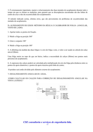3- É extremamente importante, manter o relacionamento das duas metades do acoplamento durante todo o
tempo em que se efetuar as medições, para garantir que as discrepâncias encontradas são das linhas de
centro do eixo e não da excentricidade dos acoplamentos.

O método indicado acima, elimina erros, que são provenientes de problemas de excentricidade das
metades do acoplamento.

D- ALINHAMENTO DE EIXOS: MÉTODO DA RÉGUA E CALIBRADOR DE FOLGA (ANGULAR,
VISTO DE LADO)

1- Apertar todos os pontos de fixação.

2- Medir a folga na posição 360

3- Girar o conjunto 180

4- Medir a folga na posição 180

5- A diferênça da medida das duas folgas é o erro de folga e este, o valor a ser usado no cálculo do calço
móvel (Shim).

Uma folga maior no topo do que em baixo, indica a necessidade de calços (Shims) nos pontos mais
próximos do acoplamento.

6- A espessura dos calços poderá ser calculada pela multiplicação do erro da folga pela distância entre os
pontos de apoio dianteiros; e pontos de apoio trazeiros pela linha de centro.

O produto será então dividido pelo diâmetro externo do acoplamento.

7- DESALINHAMENTO ANGULAR OU AXIAL.

COMO CALCULAR OS CALÇOS PARA CORREÇÃO DE DESALINHAMENTO ANGULAR NA
VISTA LATERAL?




                    CSE consultoria e serviços de engenharia ltda.
                                                   15
 