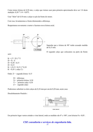 Como temos leitura de 0,30 mm, o calço que iremos usar para primeira aproximacão deve ser 1/4 desta
medição: 0,30 * 1/4 = 0,075.

Usar "shim" de 0,10 mm e calçar os pés da frente do motor.

Com isso, levantaremos a frente diminuindo a diferença.

Reapertamos novamente o motor e fazemos nova leitura axial.




                                                    Suponha que a leitura de 90 tenha acusado medida
                                                    de 0,15 mm.

                                                    O segundo calço que colocamos na parte da frente
será :

K=(Y/D)*Y
D=X-Z
D = 0,30 - 0,15
D = 0,15
K = ( 0,15 / 0,15 ) * 0,10
K = 0,10 ( calço 2 )

Onde: Z = segunda leitura 0,15

         D=   diferença
         X=   primeira leitrua 0,30
         Y=    primeiro calço 0,10
         Z=   segundo calço

Poderemos substituir os dois calços de 0,10 mm por um de 0,20 mm, neste caso.

Desalinhamento Paralelo :




Em primeiro lugar vamos estudar a vista lateral, onde as medidas são 0 e 180, com leituras 0 e -0,05 .


                      CSE consultoria e serviços de engenharia ltda.
                                                    24
 