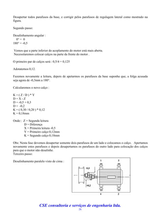 Desapertar todos parafusos da base, e corrigir pelos parafusos de regulagem lateral como mostrado na
figura.

Segundo passo:

Desalinhamento angular :
  0 = 0
180 = -0,5

Vemos que a parte inferior do acoplamento do motor está mais aberta.
Necessitaremos colocar calços na parte da frente do motor .

O primeiro par de calços será : 0,5/4 = 0,125

Adotatemos 0,12.

Fazemos novamente a leitura, depois de apetarmos os parafusos da base suponha que, a folga acusada
seja agora de -0,3mm a 180.

Calcularemos o novo calço :

K=(Z/D)*Y
D=X-Z
D = -0,5 + 0,3
D = -0,2
K = ( 0,30 / 0,20 ) * 0,12
K = 0,18mm

Onde:: Z = Segunda leitura
       D = Diferença
       X = Primeira leitura -0,5
       Y = Primeiro calço 0,12mm
       K = Segundo calço 0,18mm

Obs: Nesta fase devemos desapertar somente dois parafusos de um lado e colocamos o calço. Apertamos
novamente estes parafusos e depois desapertamos os parafusos do outro lado para colocação dos calços
para que o motor não desalinhe.
Terceiro passo:

Desalinhamento paralelo visto de cima :




                     CSE consultoria e serviços de engenharia ltda.
                                                 26
 