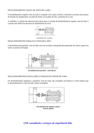 DESALINHAMENTO ANGULAR VISTO DE LADO :

O desalinhamento angular visto de lado é corrigido com calços (shims), colocados em baixo dos pontos
de fixação do equipamento, na parte da frente ou na parte de trás, conforme for o caso.

A medição e o cálculo da espessura dos calços para a correção do desalinhamento angular visto de lado, é
o ponto mais difícil no processo de alinhamento de eixos.




DESALINHAMENTO PARALELO VISTO DE LADO :

O desalinhamento paralelo visto de lado, tem sua correção conseguida pela aplicação de calços, iguais em
todos os pontos de fixação.




DESALINHAMENTOS ANGULARES E PARALELOS VISTOS DE CIMA :

Os desalinhamentos angulares e paralelos visto de cima, são corrigidos movendo-se o motor depois que
os desalinhamentos vistos de lado, forem corrrigidos.




                    CSE consultoria e serviços de engenharia ltda.
                                                   7
 