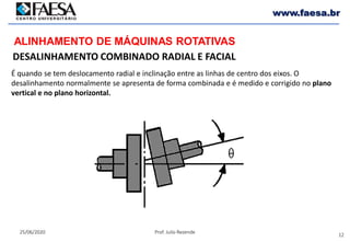 12
25/06/2020 Prof. Julio Rezende
www.faesa.br
DESALINHAMENTO COMBINADO RADIAL E FACIAL
ALINHAMENTO DE MÁQUINAS ROTATIVAS
É quando se tem deslocamento radial e inclinação entre as linhas de centro dos eixos. O
desalinhamento normalmente se apresenta de forma combinada e é medido e corrigido no plano
vertical e no plano horizontal.
 