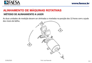 112
25/06/2020 Prof. Julio Rezende
www.faesa.br
MÉTODO DE ALINHAMENTO A LASER
ALINHAMENTO DE MÁQUINAS ROTATIVAS
As duas unidades de medição devem ser alinhadas e niveladas na posição das 12 horas com a ajuda
dos níveis de bôlha.
 