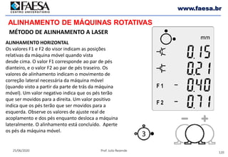 120
25/06/2020 Prof. Julio Rezende
www.faesa.br
MÉTODO DE ALINHAMENTO A LASER
ALINHAMENTO DE MÁQUINAS ROTATIVAS
ALINHAMENTO HORIZONTAL
Os valores F1 e F2 do visor indicam as posições
relativas da máquina móvel quando vista
desde cima. O valor F1 corresponde ao par de pés
dianteiro, e o valor F2 ao par de pés traseiro. Os
valores de alinhamento indicam o movimento de
correção lateral necessária da máquina móvel
(quando visto a partir da parte de trás da máquina
móvel). Um valor negativo indica que os pés terão
que ser movidos para a direita. Um valor positivo
indica que os pés terão que ser movidos para a
esquerda. Observe os valores de ajuste real de
acoplamento e dos pés enquanto desloca a máquina
lateralmente. O alinhamento está concluído. Aperte
os pés da máquina móvel.
 