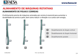 134
25/06/2020 Prof. Julio Rezende
www.faesa.br
ALINHAMENTO DE MÁQUINAS ROTATIVAS
ALINHAMENTO DE POLIAS E CORREIAS
O alinhamento preciso de máquinas acionadas por correia é essencial para aumentar a
durabilidade da correia e polia, bem como reduzir a vibração e os custos com energia.
 