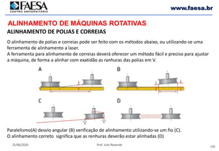 135
25/06/2020 Prof. Julio Rezende
www.faesa.br
ALINHAMENTO DE MÁQUINAS ROTATIVAS
ALINHAMENTO DE POLIAS E CORREIAS
O alinhamento de polias e correias pode ser feito com os métodos abaixo, ou utilizando-se uma
ferramenta de alinhamento a laser.
A ferramenta para alinhamento de correias deverá oferecer um método fácil e preciso para ajustar
a máquina, de forma a alinhar com exatidão as ranhuras das polias em V.
Paralelismo(A) desvio angular (B) verificação de alinhamento utilizando-se um fio (C).
O alinhamento correto significa que as renhuras deverão estar alinhadas (D)
 