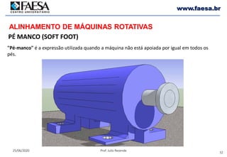 32
25/06/2020 Prof. Julio Rezende
www.faesa.br
PÉ MANCO (SOFT FOOT)
ALINHAMENTO DE MÁQUINAS ROTATIVAS
"Pé-manco" é a expressão utilizada quando a máquina não está apoiada por igual em todos os
pés.
 