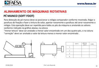 38
25/06/2020 Prof. Julio Rezende
www.faesa.br
PÉ MANCO (SOFT FOOT)
ALINHAMENTO DE MÁQUINAS ROTATIVAS
Para detecção do pé manco deve-se posicionar o relógio comparador conforme mostrado, folgar o
parafuso de fixação e fazer a leitura do valor, apertar novamente o parafuso até zerar novamente o
relógio. Esta operação deve ser repetida para todos os pés da máquina e anotando os valores
conforme indicado no gráfico abaixo, na coluna
"menor leitura" deve ser anotado o menor valor encontrado em um dos quatro pés, e na coluna
"correção" deve ser anotado o valor da leitura menos o menor valor encontrado .
 