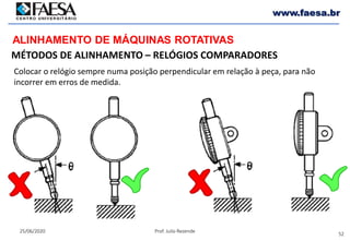 52
25/06/2020 Prof. Julio Rezende
www.faesa.br
MÉTODOS DE ALINHAMENTO – RELÓGIOS COMPARADORES
ALINHAMENTO DE MÁQUINAS ROTATIVAS
Colocar o relógio sempre numa posição perpendicular em relação à peça, para não
incorrer em erros de medida.
 