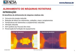 6
25/06/2020 Prof. Julio Rezende
www.faesa.br
Os benefícios do alinhamento de máquinas rotativas são:
 Consumo de energia reduzido
 Redução de falhas em rolamentos, vedações, eixos e acoplamentos
 Temperaturas de rolamentos e acoplamentos reduzidas
 Vibração reduzida
 Sem quebras (ou fissuras) dos eixos
 Preservação da fundação do equipamento
INTRODUÇÃO
ALINHAMENTO DE MÁQUINAS ROTATIVAS
 
