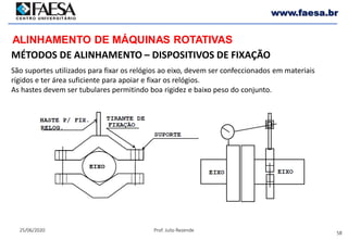 58
25/06/2020 Prof. Julio Rezende
www.faesa.br
MÉTODOS DE ALINHAMENTO – DISPOSITIVOS DE FIXAÇÃO
ALINHAMENTO DE MÁQUINAS ROTATIVAS
São suportes utilizados para fixar os relógios ao eixo, devem ser confeccionados em materiais
rígidos e ter área suficiente para apoiar e fixar os relógios.
As hastes devem ser tubulares permitindo boa rigidez e baixo peso do conjunto.
 