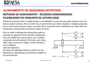 63
25/06/2020 Prof. Julio Rezende
www.faesa.br
MÉTODOS DE ALINHAMENTO – RELÓGIOS COMPARADORES
FLEXIBILIDADE DO CONJUNTO DE LEITURA (SAG)
ALINHAMENTO DE MÁQUINAS ROTATIVAS
O peso do conjunto haste / relógio provoca uma deflexão no conjunto que pode provocar erro nas
leituras radiais verticais. Para se evitar isto, é conveniente usar haste tubulares e relógios pequenos
com o menor peso possível, porém, quando não se é possível evitar a deflexão, este valor deve ser
conhecido e acrescentado nas leituras radiais verticais.
Para se medir a deflexão dos dispositivos pode-se
proceder da seguinte forma: fixando o dispositivo
num eixo rígido que se possa girar, zere o relógio
na posição vertical superior (12 horas) , gire o eixo
180° e faça a leitura no relógio. O valor da leitura
será a deflexão
total do dispositivo.
Os valores de deflexão inferiores a 0,03 mm são
desprezíveis, dependendo da tolerância exigida no
seu alinhamento .
 