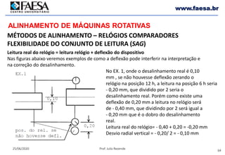 64
25/06/2020 Prof. Julio Rezende
www.faesa.br
MÉTODOS DE ALINHAMENTO – RELÓGIOS COMPARADORES
FLEXIBILIDADE DO CONJUNTO DE LEITURA (SAG)
ALINHAMENTO DE MÁQUINAS ROTATIVAS
Leitura real do relógio = leitura relógio + deflexão do dispositivo
Nas figuras abaixo veremos exemplos de como a deflexão pode interferir na interpretação e
na correção do desalinhamento.
No EX. 1, onde o desalinhamento real é 0,10
mm , se não houvesse deflexão zerando o
relógio na posição 12 h, a leitura na posição 6 h seria
- 0,20 mm, que dividido por 2 seria o
desalinhamento real. Porém como existe uma
deflexão de 0,20 mm a leitura no relógio será
de - 0,40 mm, que dividindo por 2 será igual a
- 0,20 mm que é o dobro do desalinhamento
real.
Leitura real do relógio= - 0,40 + 0,20 = -0,20 mm
Desvio radial vertical = - 0,20/ 2 = - 0,10 mm
 