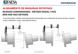 73
25/06/2020 Prof. Julio Rezende
www.faesa.br
RELÓGIOS COMPARADORES - MÉTODO RADIAL / FACE
(RIM AND FACE METHOD)
ALINHAMENTO DE MÁQUINAS ROTATIVAS
A precisão deste método está diretamente relacionada com o diâmetro de leitura da face. Quanto
maior o diâmetro, maior a precisão da leitura.
 