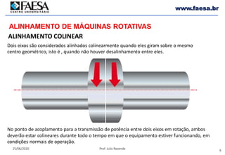 9
25/06/2020 Prof. Julio Rezende
www.faesa.br
ALINHAMENTO COLINEAR
ALINHAMENTO DE MÁQUINAS ROTATIVAS
Dois eixos são considerados alinhados colinearmente quando eles giram sobre o mesmo
centro geométrico, isto é , quando não houver desalinhamento entre eles.
No ponto de acoplamento para a transmissão de potência entre dois eixos em rotação, ambos
deverão estar colineares durante todo o tempo em que o equipamento estiver funcionando, em
condições normais de operação.
 