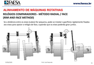 74
25/06/2020 Prof. Julio Rezende
www.faesa.br
RELÓGIOS COMPARADORES - MÉTODO RADIAL / FACE
(RIM AND FACE METHOD)
ALINHAMENTO DE MÁQUINAS ROTATIVAS
Se a distância entre os eixos (cubos) for pequena, pode-se instalar superfícies rigidamente fixadas
aos eixos para apoiar o relógio de face, supondo que os eixos poderão girar juntos.
 