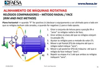 78
25/06/2020 Prof. Julio Rezende
www.faesa.br
P1 P2
ALINHAMENTO DE MÁQUINAS ROTATIVAS
Plano horizontal => quando “P" for positivo (+) deslocar o equipamento a ser alinhado para o lado em
que os relógios tenham sido zerados, e quando for negativo (-) para o lado oposto.
1. Girar o conjunto de leitura para a posição 9h e
“zerar” os relógios radial e de face;
2. Girar ambos os eixos até que os relógios estejam
na posição 3h;
3. Ajustar os relógios para a metade do valor LTI;
4. Mover o pé frontal (P1) da máquina até que o
relógio radial indique “zero”;
5. Mover o pé posterior (P2) da máquina até que o
relógio da face indique “zero”;
6. Repetir as etapas 4 e 5 até que ambos os relógios
indiquem “zero”.
RELÓGIOS COMPARADORES – MÉTODO RADIAL / FACE
(RIM AND FACE METHOD)
 