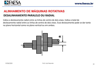 10
25/06/2020 Prof. Julio Rezende
www.faesa.br
DESALINHAMENTO PARALELO OU RADIAL
ALINHAMENTO DE MÁQUINAS ROTATIVAS
Indica o deslocamento radial entre as linhas de centro de dois eixos. Indica o total de
deslocamento radial entre as linhas de centro de dois eixos. Esse deslocamento pode se dar tanto
no plano horizontal como no plano vertical ou em ambos.
 