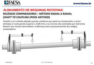 96
25/06/2020 Prof. Julio Rezende
www.faesa.br
ALINHAMENTO DE MÁQUINAS ROTATIVAS
RELÓGIOS COMPARADORES – MÉTODO RADIAL A RADIAL
(SHAFT TO COUPLING SPOOL METHOD)
Também é um método adotado quando a distância que separa os componentes a serem
alinhados é muito grande (superior a 1500 mm), e os mesmos são conectados por elementos
flexíveis sem mancal intermediário. A diferença está no posicionamento dos relógios
comparadores.
 