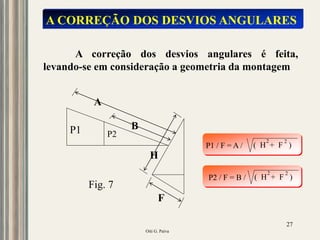 Oiti G. Paiva
27
A CORREÇÃO DOS DESVIOS ANGULARES
A correção dos desvios angulares é feita,
levando-se em consideração a geometria da montagem
P1 P2
A
B
F
H
Fig. 7
P1 / F = A / ( H + F )
2 2
P2 / F = B / ( H + F )
2 2
 