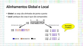 Alinhamentos Global e Local
• Global: as seqs são alinhadas de ponta a ponta
• Local: pedaços das seqs é que são comparados
Qual deles
é melhor?
 