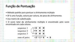 Função de Pontuação
• Método padrão para pontuar o alinhamento múltiplo
• SP é uma função, coluna por coluna, do peso do alinhamento.
• Usa matriz de substituição.
• O score total do alinhamento múltiplo é encontrado pelo score
encontrado em cada coluna.
 