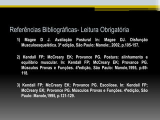 Referências Bibliográficas- Leitura Obrigatória
1) Magee D J. Avaliação Postural In: Magee DJ. Disfunção
Musculoesquelética. 3ª edição, São Paulo: Manole:, 2002, p.105-157.
2) Kendall FP; McCreary EK; Provance PG. Postura: alinhamento e
equilíbrio muscular. In: Kendall FP; McCreary EK; Provance PG.
Músculos Provas e Funções. 4ªedição, São Paulo: Manole,1995, p.69-
118.
3) Kendall FP; McCreary EK; Provance PG. Escoliose. In: Kendall FP;
McCreary EK; Provance PG. Músculos Provas e Funções. 4ªedição, São
Paulo: Manole,1995, p.121-129.
 