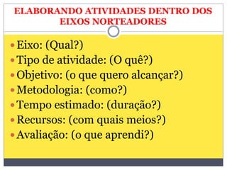 ELABORANDO ATIVIDADES DENTRO DOS
EIXOS NORTEADORES
 Eixo: (Qual?)
 Tipo de atividade: (O quê?)
 Objetivo: (o que quero alcançar?)
 Metodologia: (como?)
 Tempo estimado: (duração?)
 Recursos: (com quais meios?)
 Avaliação: (o que aprendi?)
 
