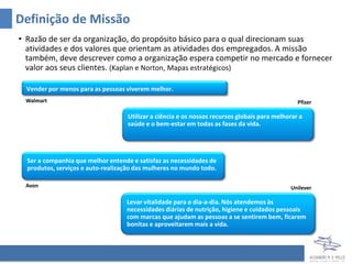 Definição de Missão
• Razão de ser da organização, do propósito básico para o qual direcionam suas
  atividades e dos valores que orientam as atividades dos empregados. A missão
  também, deve descrever como a organização espera competir no mercado e fornecer
  valor aos seus clientes. (Kaplan e Norton, Mapas estratégicos)

  Vender por menos para as pessoas viverem melhor.
 Walmart                                                                                         Pfizer

                                    Utilizar a ciência e os nossos recursos globais para melhorar a
                                    saúde e o bem-estar em todas as fases da vida.




  Ser a companhia que melhor entende e satisfaz as necessidades de
  produtos, serviços e auto-realização das mulheres no mundo todo.

 Avon                                                                                         Unilever

                                   Levar vitalidade para o dia-a-dia. Nós atendemos às
                                   necessidades diárias de nutrição, higiene e cuidados pessoais
                                   com marcas que ajudam as pessoas a se sentirem bem, ficarem
                                   bonitas e aproveitarem mais a vida.
 