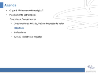Agenda
•   O que é Alinhamento Estratégico?
•   Planejamento Estratégico:
    Conceitos e Componentes
     • Direcionadores: Missão, Visão e Proposta de Valor
     •   Objetivos
     •   Indicadores
     •   Metas, Iniciativas e Projetos
 