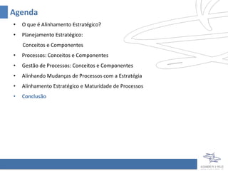Agenda
•   O que é Alinhamento Estratégico?
•   Planejamento Estratégico:
    Conceitos e Componentes
•   Processos: Conceitos e Componentes
•   Gestão de Processos: Conceitos e Componentes
•   Alinhando Mudanças de Processos com a Estratégia
•   Alinhamento Estratégico e Maturidade de Processos
•   Conclusão
 
