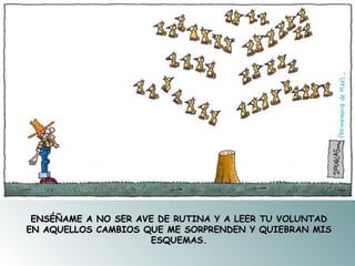 ENSÉÑAME A NO SER AVE DE RUTINA Y A LEER TU VOLUNTAD EN AQUELLOS CAMBIOS QUE ME SORPRENDEN Y QUIEBRAN MIS ESQUEMAS. 