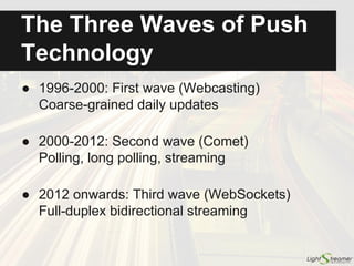 An Example to Help Illustrate
A temperature and
humidity sensor must send
data to a Web browser
(sensor example).
Let's see how this might
have been done in the
history of push technology.
Web
 