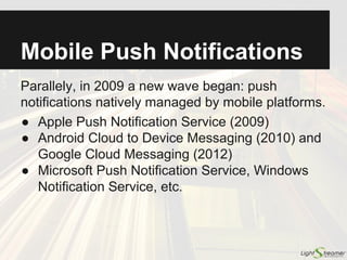 First Wave: Webcasting
● Webcasting, narrowcasting, channeling, …
● 1996-1998: 30 players in the market
(including Pointcast, Microsoft, Netscape)
● 2000: The first wave is dead
● Very coarse-grained, not real-time at all, and
bandwidth-intensive
○ Someone compared the first wave of push technology to
having giant heaps of newspapers dumped on your doorstep
every morning...
● Sensor example: Series of temperature and
humidity values of the day before
 