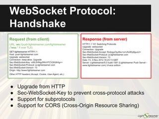 WebSockets vs. HTTP
Myth:
WebSockets are better than HTTP for sending data from the server to
the client (use less bandwidth, have lower latency, etc.)
Myth debunked:
When sending data from the server to the client, WebSockets and
HTTP Streaming behave exactly the same way.
After handshake, pure payload over TCP is streamed in both cases
(WebSocket framing and HTTP chunking have a negligible difference)
Sensor example: unidirectional scenario (from server to client), so
with WebSockets the behavior is the same as with HTTP Streaming.
 