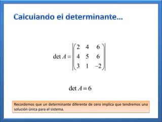 2 4        6
                     det A        4 5        6
                                  3 1         2


                              det A 6

Recordemos que un determinante diferente de cero implica que tendremos una
solución única para el sistema.
 