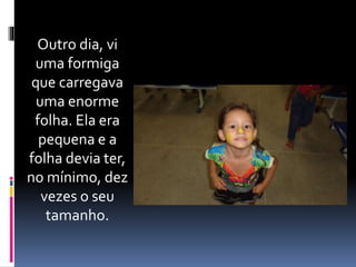 Outro dia, vi 
uma formiga 
que carregava 
uma enorme 
folha. Ela era 
pequena e a 
folha devia ter, 
no mínimo, dez 
vezes o seu 
tamanho. 
 