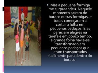  Mas a pequena formiga 
me surpreendeu. Naquele 
momento saíram do 
buraco outras formigas, e 
todas começaram a 
cortar a folha em 
pequenos pedaços. Elas 
pareciam alegres na 
tarefa e em pouco tempo, 
a grande folha havia-se 
transformado em 
pequenos pedaços que 
eram transportados 
facilmente para dentro do 
buraco. 
 