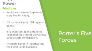 Porter’s Five
Forces
Suppliers
Power
- Banks are the most important
suppliers for Alipay.
- 19 national banks , 34 regional
banks.
- It is important to maintain the
relationships with the China’s five
largest state-owned banks.
- The more banks in its networks,
the better for its business.
Medium
 