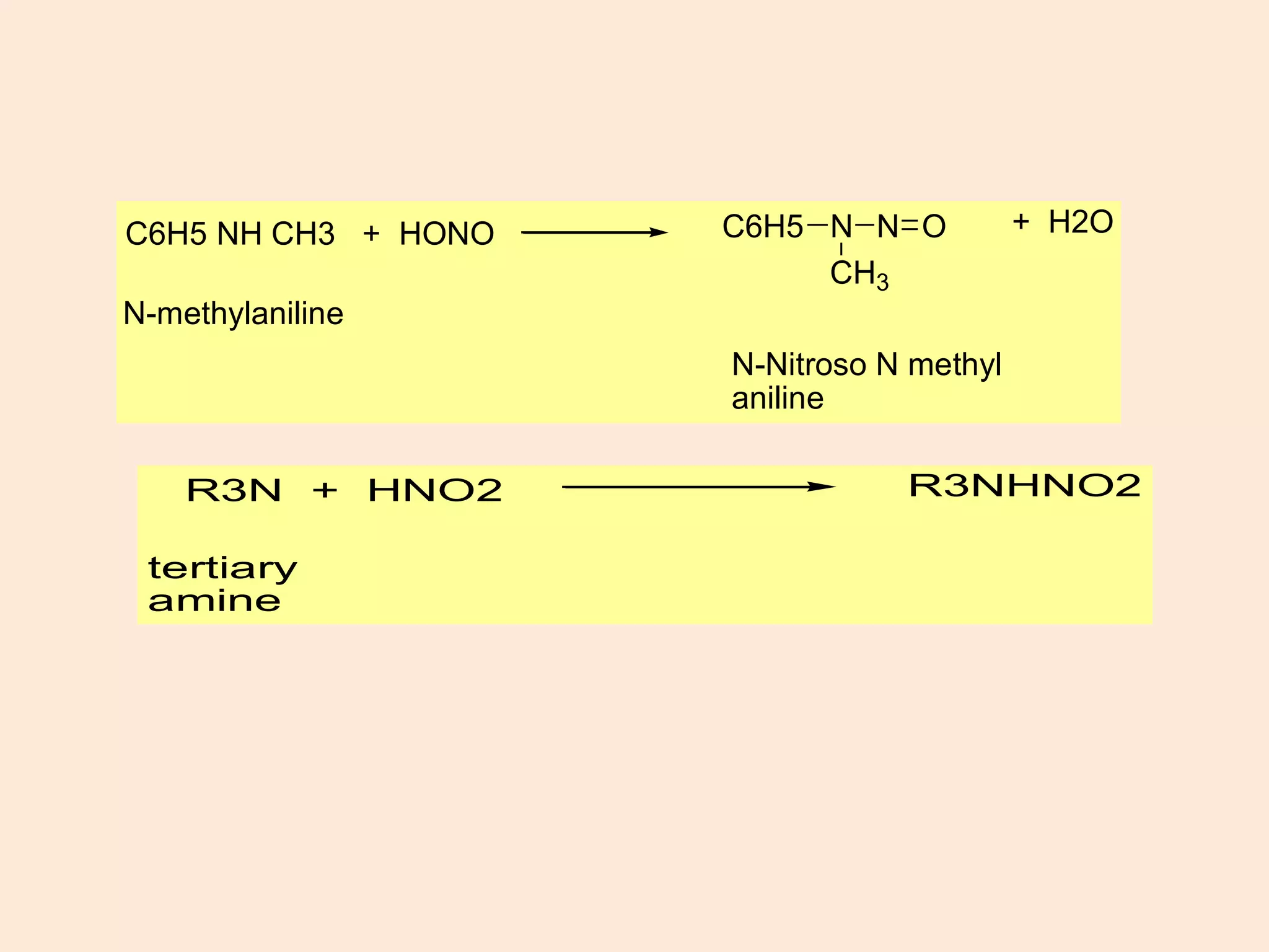 C6H5 NH CH3 + HONO C6H5 N N O
CH3
+ H2O
N-Nitroso N methyl
aniline
N-methylaniline
R3N + HNO2 R3NHNO2
tertiary
amine
 