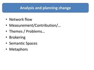 Analysis and planning change

•   Network flow
•   Measurement/Contribution/…
•   Themes / Problems…
•   Brokering
•   Semantic Spaces
•   Metaphors
 