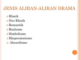 JENIS ALIRAN-ALIRAN DRAMA
 Klasik
 Neo Klasik
 Romantik
 Realisme
 Simbolisme
 Ekspresionisme
 Absurdisme
 