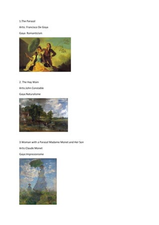 1.The Parasol
Artis: Francisco De Goya
Gaya: Romanticism
2. The Hay Wain
Artis:John Constable
Gaya:Naturalisme
3.Woman with a Parasol Madame Monet and Her Son
Artis:Claude Monet
Gaya:Impresionisme
 