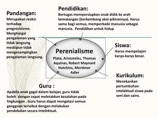 Perenialisme
Plato, Aristoteles, Thomas
Aquinas, Robert Maynard
Hutchins, Mortimer
Adler
Pandangan:
Merupakan reaksi
terhadap
progresivisme.
Menghargai
pengalaman yang
tidak langsung
meskipun tidak
mengesampingkan
pengalaman langsung.
Pendidikan:
Bertugas mempersiapkan anak didik ke arah
kematangan (berkembang akal-pikirannya). Harus
sama bagi semua, memperbaiki manusia sebagai
manusia. Pendidikan untuk hidup
Siswa:
Harus mempelajari
karya-karya besar.
Kurikulum:
Menekankan
pertumbuhan
intelektual siswa pada
seni dan sains.
Guru :
Apabila anak gagal dalam belajar, guru tidak
boleh dengan cepat meletakkan kesalahan pada
lingkungan . Guru harus dapat mengatasi semua
gangguan tersebut dengan melakukan
pendekatan secara intelektual.
 