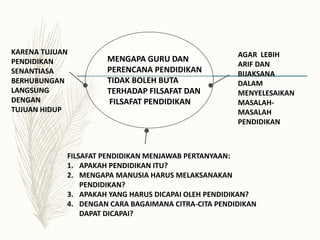 MENGAPA GURU DAN
PERENCANA PENDIDIKAN
TIDAK BOLEH BUTA
TERHADAP FILSAFAT DAN
FILSAFAT PENDIDIKAN
KARENA TUJUAN
PENDIDIKAN
SENANTIASA
BERHUBUNGAN
LANGSUNG
DENGAN
TUJUAN HIDUP
AGAR LEBIH
ARIF DAN
BIJAKSANA
DALAM
MENYELESAIKAN
MASALAH-
MASALAH
PENDIDIKAN
FILSAFAT PENDIDIKAN MENJAWAB PERTANYAAN:
1. APAKAH PENDIDIKAN ITU?
2. MENGAPA MANUSIA HARUS MELAKSANAKAN
PENDIDIKAN?
3. APAKAH YANG HARUS DICAPAI OLEH PENDIDIKAN?
4. DENGAN CARA BAGAIMANA CITRA-CITA PENDIDIKAN
DAPAT DICAPAI?
 